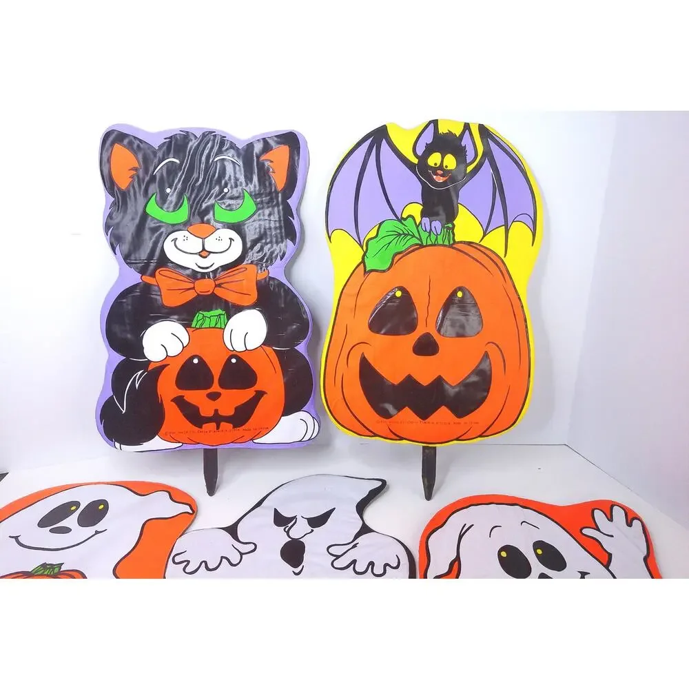 Vtg Fun World Yard Scenes 90s Halloween Vinyl Tombstone Ghost Pumpkin Cat Set 5